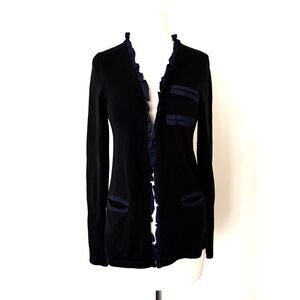 TWG Silk Cashmere Black Cardigan Blue Ruffle Trim Hook Front Pocket Academia M